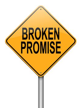 Illustration depicting a roadsign with a broken promise concept. White background.
