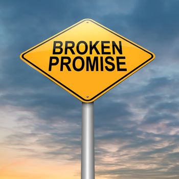 Illustration depicting a roadsign with a broken promise concept. Sky background.