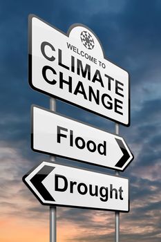 Illustration depicting a roadsign with a climate change concept. Sky background.