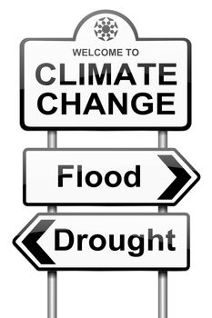 Illustration depicting a roadsign with a climate change concept. White background.