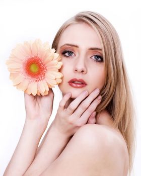 Skincare of young beautiful woman face against white background