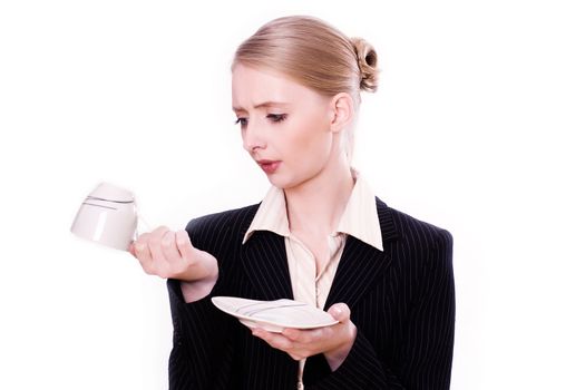 Businesswoman shocked by shortage of coffee