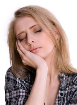 Portrait of a caucasian woman with toothache isolated on white