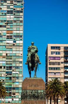 Public statue of General Artigas in Montevideo, Uruguay with a deep blue sky