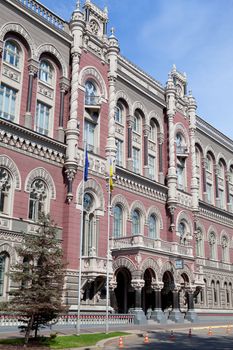 Facade of National central bank in governmental district Kyiv Ukraine built Venetian Renaissance style by architect Kobelev