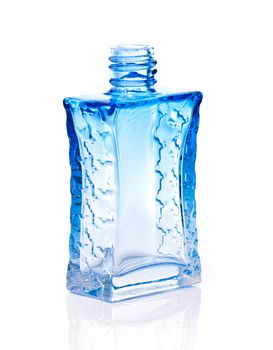blue glass perfume bottle on a white backgroung