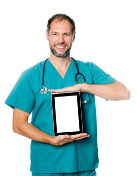 Doctor holding blank digital tablet with copy space vertically