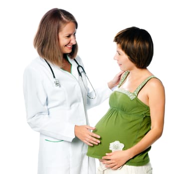 Doctor talks with the pregnant woman  over white background