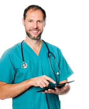 Smiling doctor using a tablet computer isolated on a white background