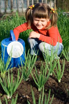 Little girl with watering can is sitting on the vegetable garden near onion patch