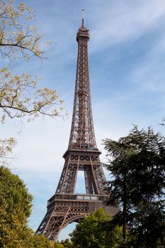 European national landmark Eiffel tower through leaves of park trees in spring in city Paris France on the blue sky background