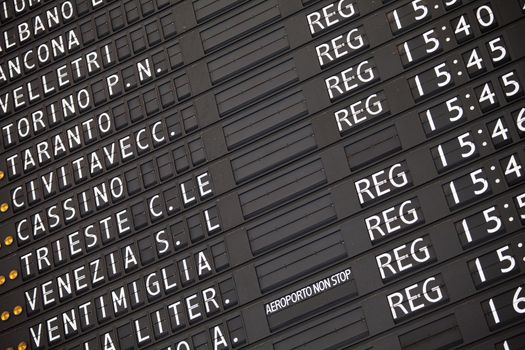 Black electronic train schedule close-up on railway station in Italy