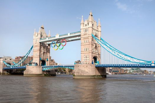 Landmark Tower bridge on river Thames decorated with symbol 5color rings  before Olympic games  in London 2012 Great Britain