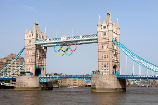 Landmark Tower bridge on river Thames decorated with symbol 5color rings  before Olympic games  in London 2012 Great Britain