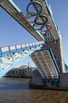 Landmark Tower bridge on river Thames decorated with symbol 5color rings  before Olympic games  in London 2012 Great Britain