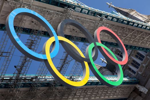 Landmark Tower bridge on river Thames decorated with symbol 5color rings  before Olympic games  in London 2012 Great Britain