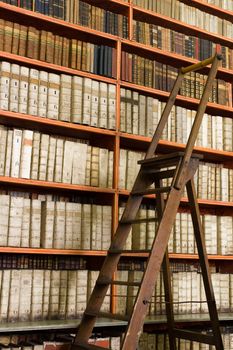 Shelves with old books in the library and wooden stepladder
