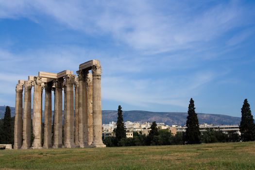 Columns of Ancient Temple of Olympian Zeus in Athens Greece on blue sky background