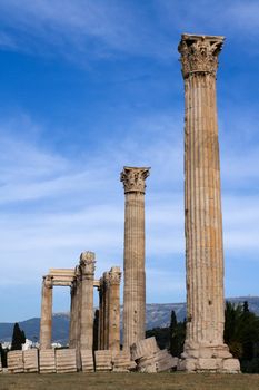 Columns of Ancient Temple of Olympian Zeus in Athens Greece on blue sky background