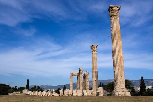 Columns of Ancient Temple of Olympian Zeus in Athens Greece on blue sky background