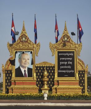 Phnom Penh - November 9 : Memorial portrait of former king of Cambodia  Norodom Sihanouk  in front of the national monument on independance day the 9 of November 2012 in Phnom Phen Cambodia