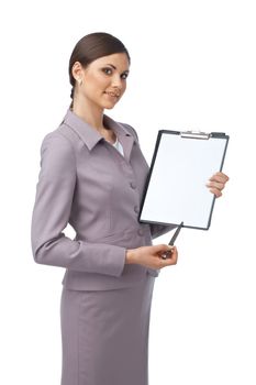 Portrait of a young business woman pointing with a pen on the paper she is holding