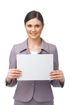 Businesswoman holding an empty billboard over white background