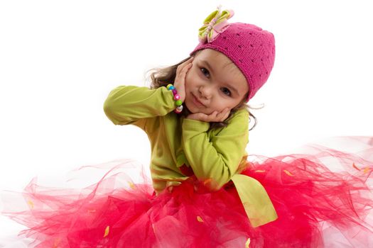 Adorable girl in tutu and hat with butterfly over white back