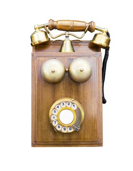 Antique wooden telephone isolated on white background