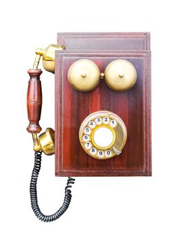 Antique wooden telephone isolated on white background with clipping path