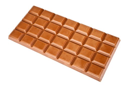 Slab of chocolate over a white background.