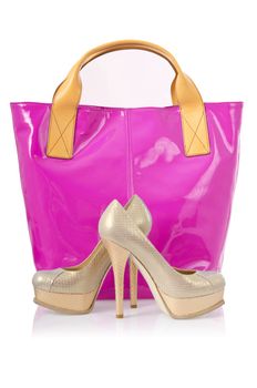 Elegant bag and shoes on white
