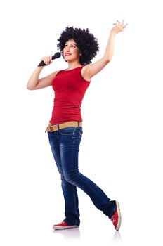 Woman with afro haircut on white