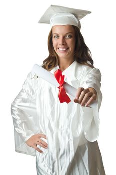 Young student with diploma on white