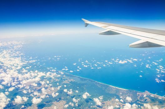 Airplane wing out of window