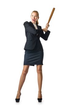 Businesswoman with baseball bat on white