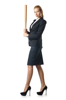 Businesswoman with baseball bat on white