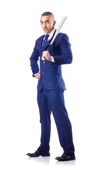 Handsome businessman with bat on white