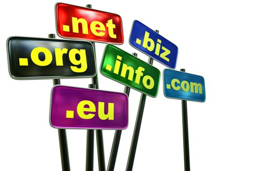 Set of signs with domains as buttons for searching in the Internet and social networks on a white background