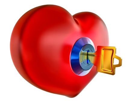 red heart with golden key inside as symbol opening heart for love