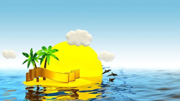 ocean, tropical island with palm and golden ribbon on sunny background