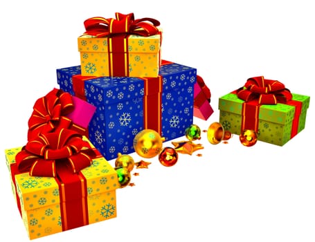 Christmas tree toys and set of pink, yellow, green and blue boxes ornamented with the snowflakes and decorated by red bows as gifts