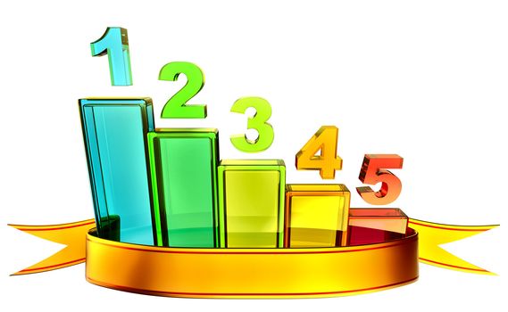 3D rendering of golden ribbon award winner with a colored glass business-bar chart as graph, depicting growth to show profits and success