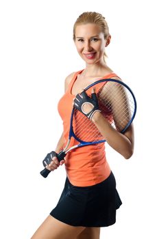 Woman tennis player on white
