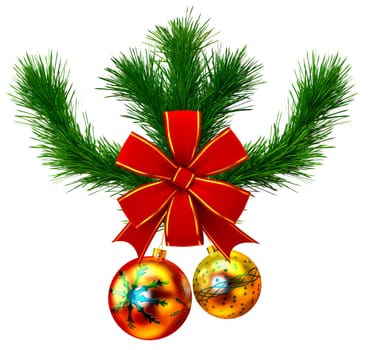 balls toys with red bow and decorative green fir-tree branches as a symbol of christmas