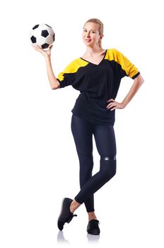Woman playing football on white