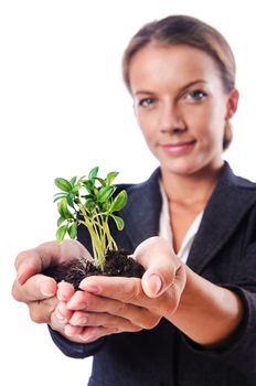 Businesswoman with seedling on white
