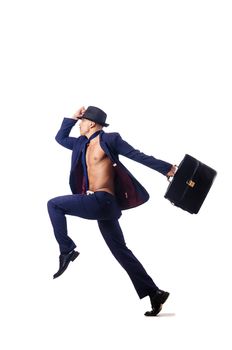 Naked businessman jumping on white