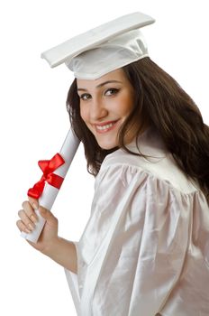 Happy student celebrating graduation on white