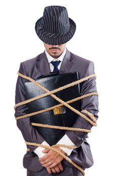 Businessman tied up with rope
